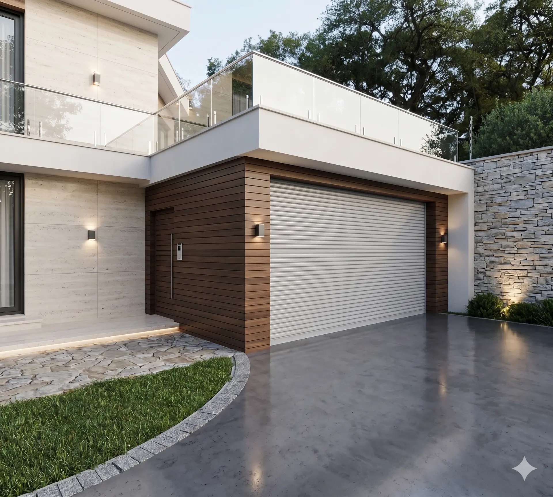 Porta de enrolar automatizada instalada em garagem de residência moderna