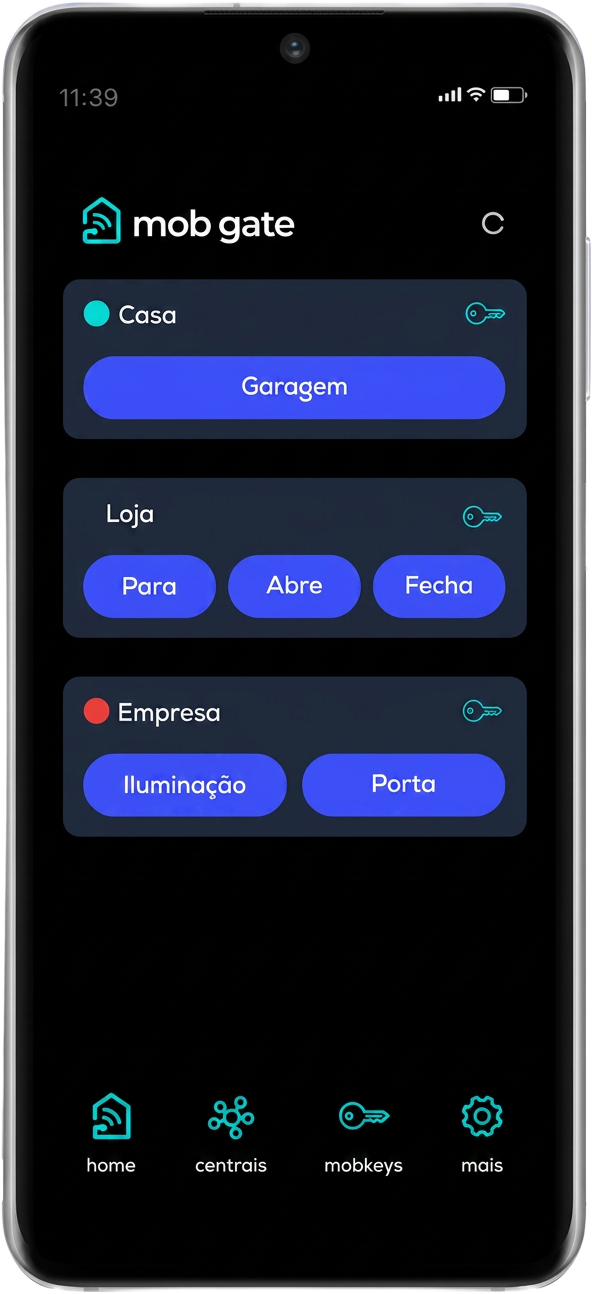Aplicativo MobGate aberto em um smartphone, controlando garagem, iluminação e porta